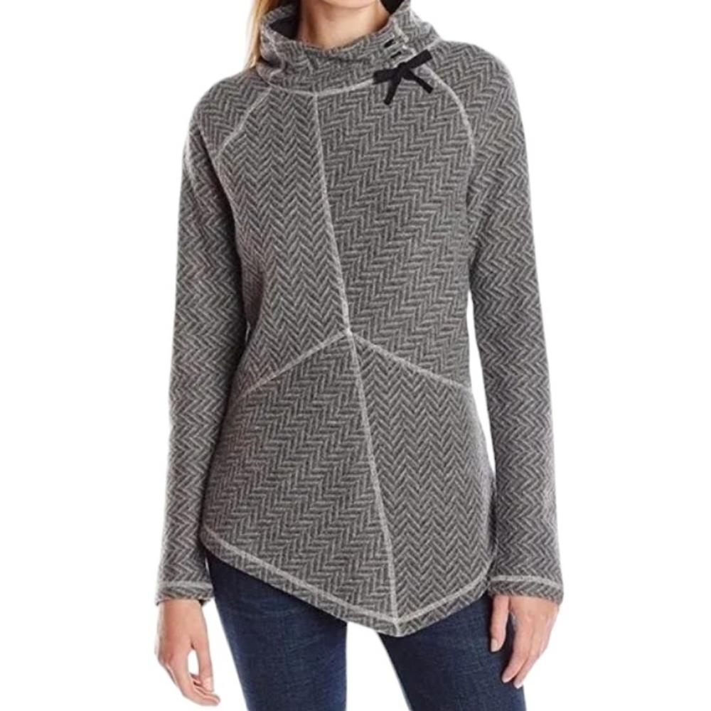 PrAna Mattea Women's Size L Herringbone Wool Blend Mock Neck Asymmetrical Top